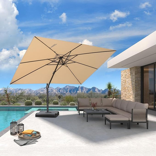 PURPLE LEAF 9' X 11.5' Patio Cantilever Umbrella Outdoor Rectangle Adjustable Offset Umbrellas with 360-degree Rotation and 8 Heavy Duty Metal Ribs for Garden Deck Pool Beige