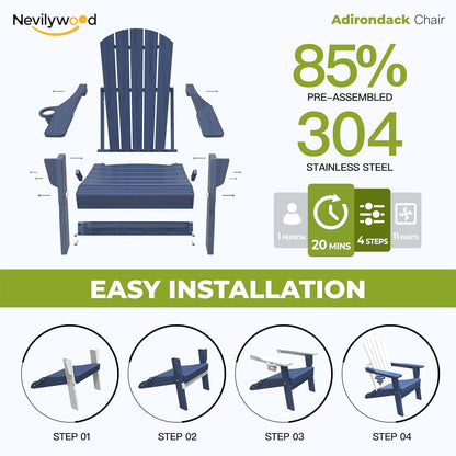 Folding Adirondack Chair - Extended Ergonomic Backrest, Cup Holder - Easy Assembly - Durable HDPE Plastic, Weather Resistant & Maintenance-Free - Lawn, Patio, Deck Supports 380lbs NavyBlue
