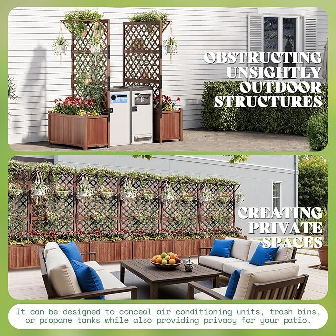 AMERLIFE Raised Garden Bed with Trellis for Vegetables, Climbing Plants, Durable Natural Wood Planter Box with Drainage Holes, Privacy Planter for Outdoor Yard & Patio, Easy Assembly