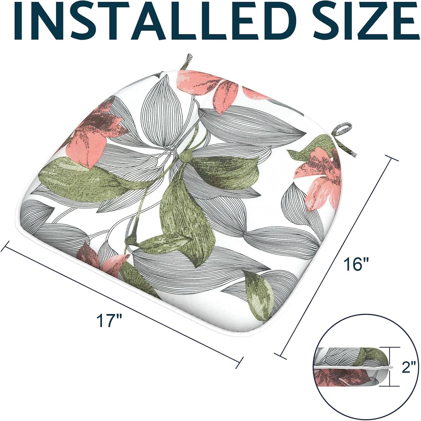 Indoor/Outdoor Chair Cushions 16x17 Inch, Patio Chair Cushions with Ties, All Weather Seat Cushions for Patio Furniture Home Garden Chair Use, Set of 2, Clemens Noir Pink