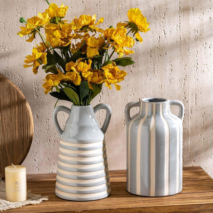 Ceramic Grey and White Checkered Stripes Vase with Handles, Hand-Painted Modern Bohemian Floral Vases Home Decor, Cottage Core Decor, Flower Vases for Bouquet Tabletop Bedroom Office Bookshelf 8.9 in