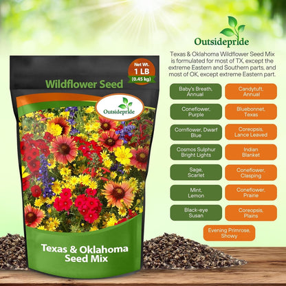 Outsidepride Texas & Oklahoma Wildflower Seed Mix - 1 lb. Drought-Tolerant, Blend of Annual & Perennial Flower Seeds for Vibrant, Pollinator-Friendly Gardens, Thrives in Full Sun & Well-Drained Soil