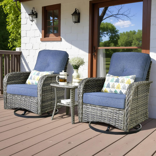HOOOWOOO Patio Furniture Set,3 Pieces Outdoor Conversation Set,All Weather Wicker High Back Swivel Chairs Bistro Set with Side Table,Denim Blue