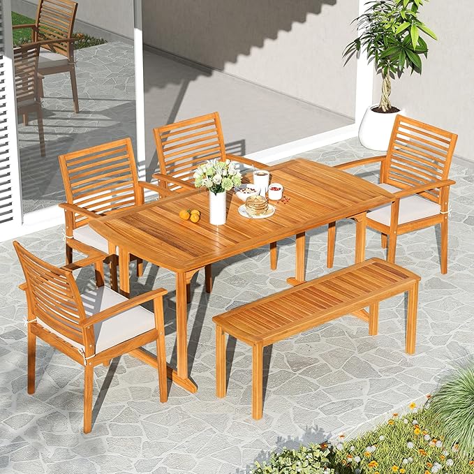 Tangkula 6 Pieces Outdoor Acacia Wood Dining Set, Rectangle Patio Dining Table with Umbrella Hole and 4 Cushioned Chairs and Bench, for Backyard Garden Poolside Deck