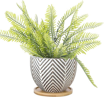 VanEnjoy 5.5 inch Large Round Bohemian Style Ceramic Planter, Geometry Engrave Off White Brown Succulent Planter Flower Pot, Indoor Outdoor Decorative Planter