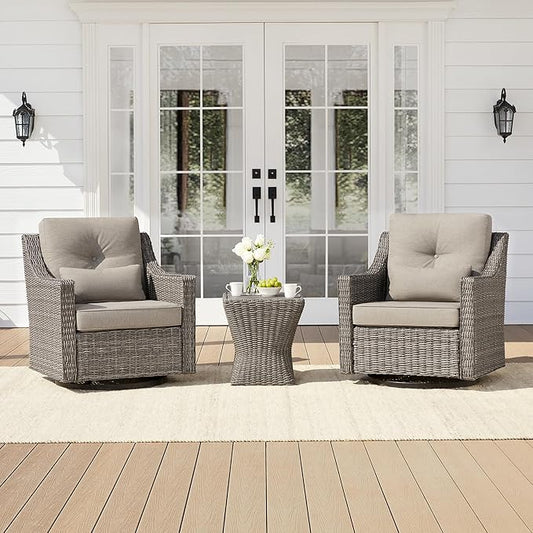 CHITA 3 Pieces Wicker Patio Bistro Set, Outdoor Furniture Set with 2 Pieces Rattan Rocking Swivel Chairs, Thickened Cushions and Side Table