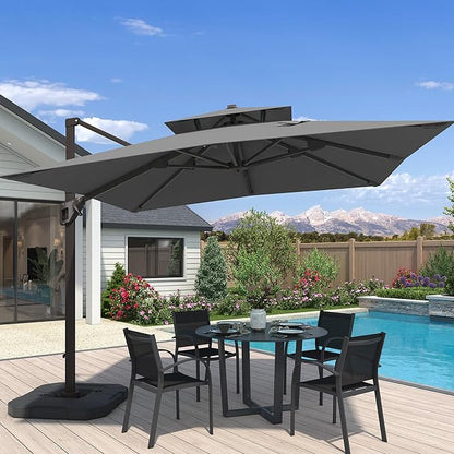 10x10 FT Cantilever Patio Umbrella with Base Included Double Top Outdoor Square Large Heavy Duty Aluminum Offset Umbrellas with 7 Level Tilt 360-degree Rotation for Pool Garden Deck,Grey