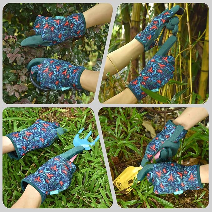 Gardening Gloves for Women and Men, Garden Gloves with Touch Screen, Thorn Proof Puncture Resistant Working Gloves, Gardening Gifts for Women,Blue-red-green flowers M
