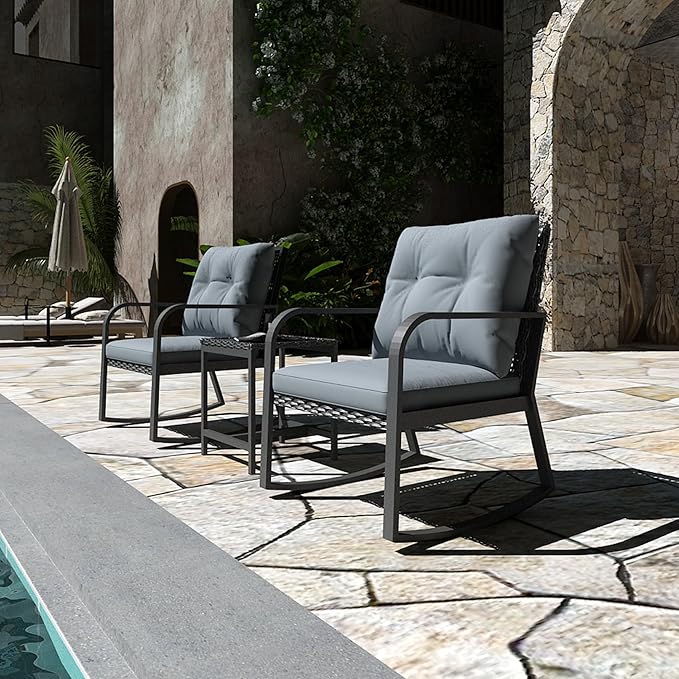 Bistro 3 Piece Patio Furniture Set, Patio Table and Rattan Outdoor Rocking Chairs Set of 2, Outdoor Bistro Conversation Set for Garden, Balcony, Poolside, Backyard, Grey