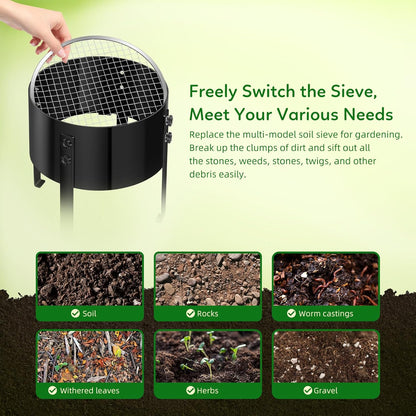 New Upgrade Rotary Soil Sifter Compost Sieve, 13 Inch Heavy-Duty Garden Soil Screen with 4 Replaceable Sifting Sieve (3/6/9/12mm) for Sand Rocks Dirt Compost, Includes Gardening Shovel & Gloves Kit ‌