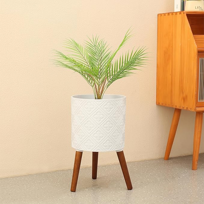 10 Inch Plant Pot with Stand, Planter for Indoor Plants, Modern Large Flower Planter Pot with Drainage Holes for Outdoor, Matte White