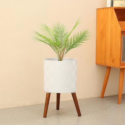 10 Inch Plant Pot with Stand, Planter for Indoor Plants, Modern Large Flower Planter Pot with Drainage Holes for Outdoor, Matte White