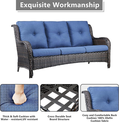 Outdoor Wicker Patio Furniture Set - 6 Piece Rattan Patio Conversation Set with 2 Rocking Swivel Chairs,2 Ottomans,1 Sofa and 1 Coffee Table for Porch Deck Backyard Garden(Brown/Blue)