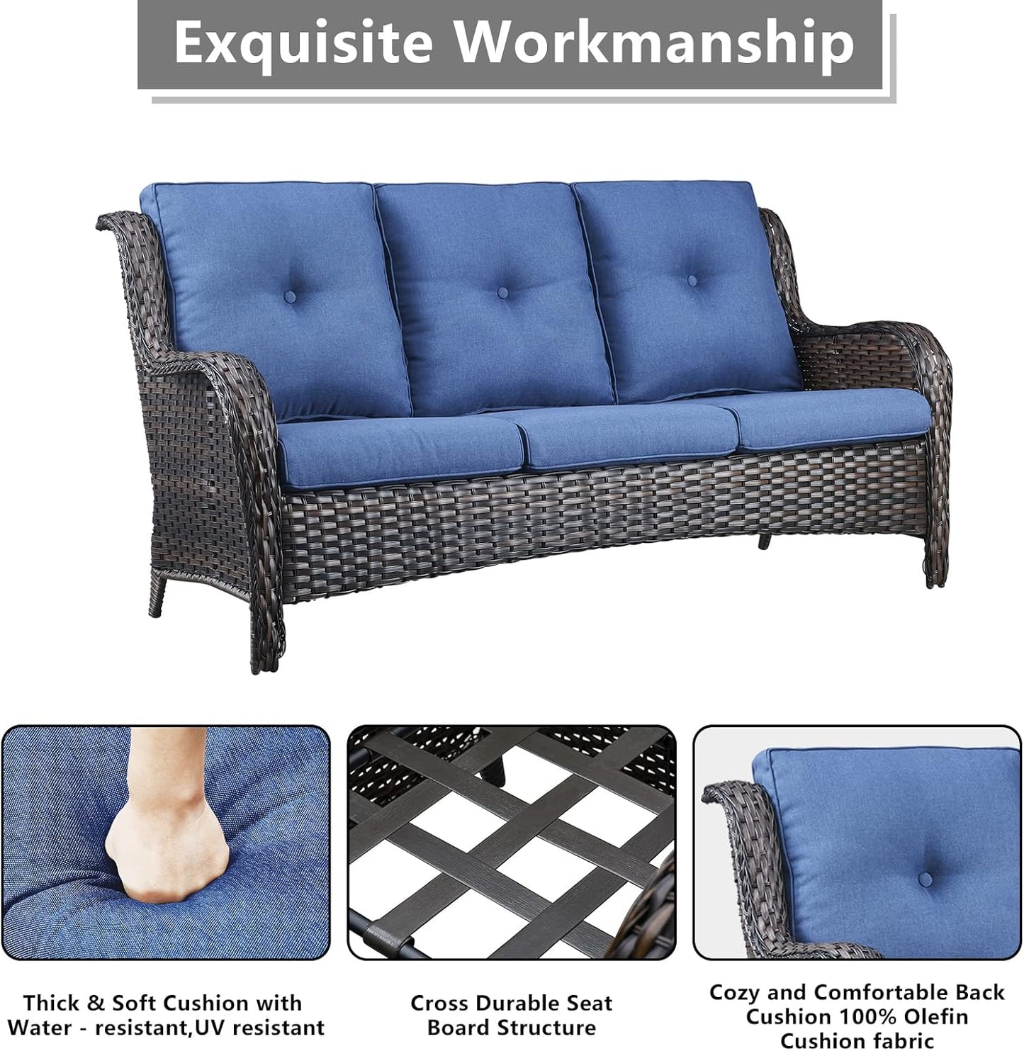 Outdoor Wicker Patio Furniture Set - 6 Piece Rattan Patio Conversation Set with 2 Rocking Swivel Chairs,2 Ottomans,1 Sofa and 1 Side Table for Porch Deck Backyard Garden(Brown/Blue)