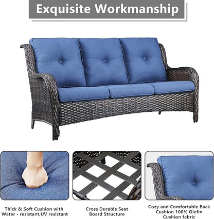 Outdoor Patio Furniture Sofa Set - 7 Piece Rattan Wicker Patio Sectional Conversation Sets with 1 Sofa,1 Loveseat,1 Coffee Table,2 Armrest Chairs and 2 Ottomans for Porch Deck Garden(Brown/Blue)