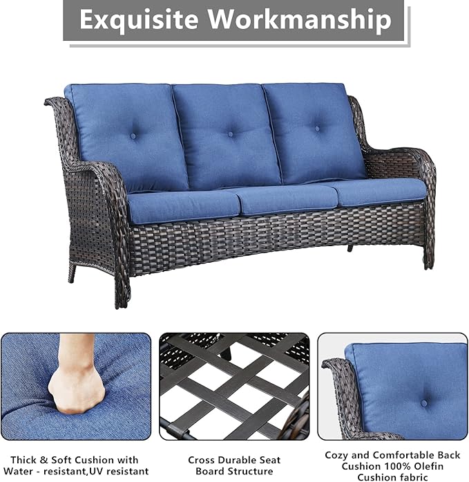 Rilyson Wicker Patio Furniture Chairs Set - 8 Piece Rattan Outdoor Patio Sectional Conversation Sets with 1 Sofa,4 Armrest Chairs,1 Coffee Table and 2 Ottomans for Porch Deck Garden(Brown/Blue)