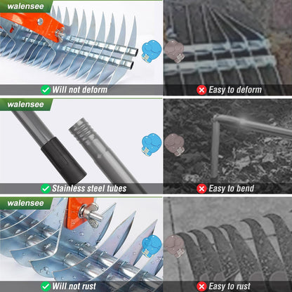 Walensee Thatch Rake, 15-Inch Lawn Thatching Rake, Robust Dethatcher Rake, Efficient Steel Metal Rake with Handle, Versatile Grass Grooming Rake for Cleaning Dead Grass, Yard Garden Durable Soil Rake