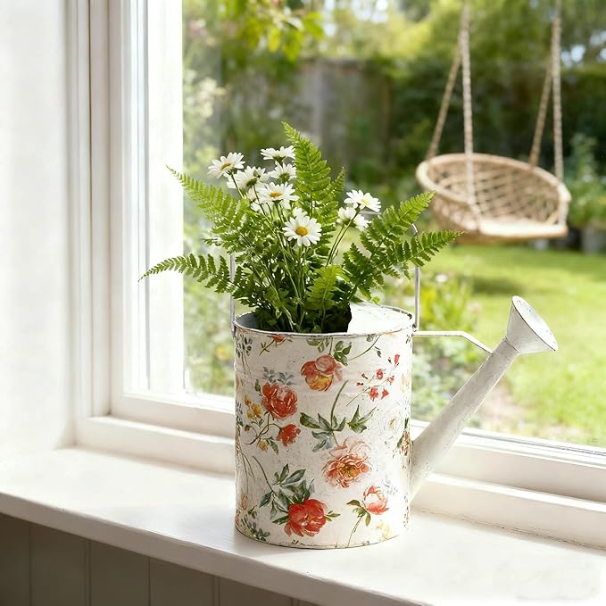 Vintage Floral Metal Watering Can, Decorative Watering Pot for Indoor Outdoor Plants, Shabby Chic Garden Watering Tool with Long Spout, Rustic Home Patio Decor