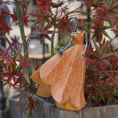 Guichifun Fairy Statue Collection Home Decoration - Orange Leaf Angel Girls Resin Fall Christmas Decor for Outside or Inside Rustic Garden Outdoor Yard Decorations Figurines Gift 8.5 x 5.25 x 12 Inch