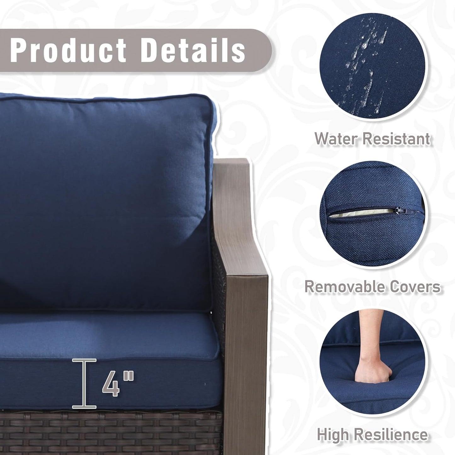 4 Piece Wicker Patio Conversation Set, All-Weather Use Outdoor 2 PE Rattan Swivel Chair, 2 Ottoman, Removable Water-Resistant Cushion, Ideal for Porch, Backyard, Balcony, Poolside, Blue