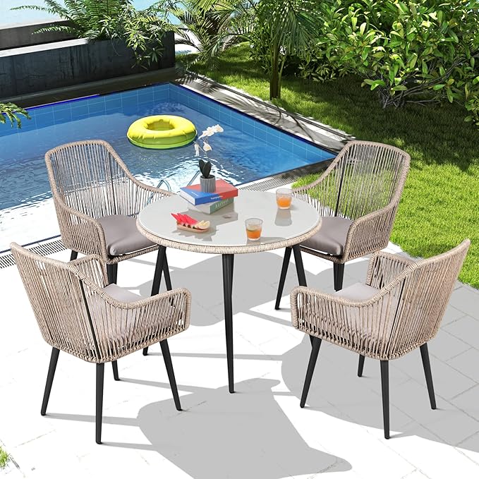 Patiorama 5-Piece Patio Dining Set, Outdoor Dining Table Chair Set, All-Weather Twisted Rattan Wicker Rope Conversation Set, Patio Furniture Set w/Umbrella Hole, 4 Cushioned Chairs&Glass Table(Tan)
