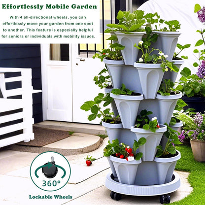 7 Tiered Strawberry Planters 3 Pack, Vertical Stackable Planter, Herb Stacking Tower Garden, Flower and Vegetable Planters with Support Pole Indoor and Outdoor with Removable Wheels Dark Grey