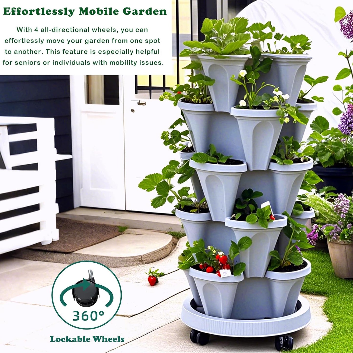 7 Tiered Strawberry Planters 2 Pack, Vertical Stackable Planter, Herb Stacking Tower Garden, Flower and Vegetable Planters with Support Pole Indoor and Outdoor with Removable Wheels Dark Grey