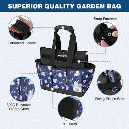 WORKPRO Garden Tool Bag, 9-Pocket Heavy Duty Oxford Tote Bag, Gardening Tool Kit Holder, 12" x 12" x 6" (Blue Insects)
