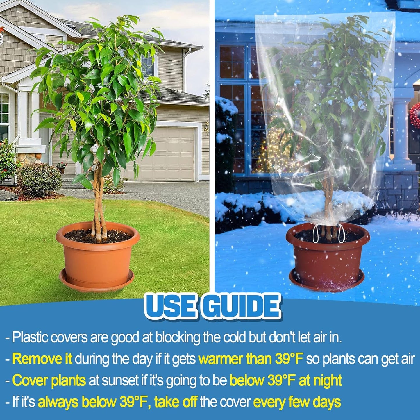 2 Pcs Large Winter Plant Cover Freeze Protection - 47.2" x 70.8" Plastic Plant Frost Bags with Drawstring, Transparent Waterproof Plant Shelter Coverings for Outdoors Garden Plants Shrubs Fruit Trees