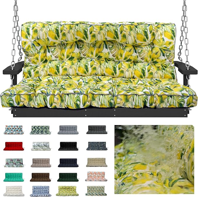 Swing Replacement Cushions with Backrest, 2 or 3 Seater Waterproof Non-Slip Overstuffed Swing Pad, Outdoor Bench Cushion for Porch Chair Swings Garden Furniture (Botanical yellow, 40 * 63 in)