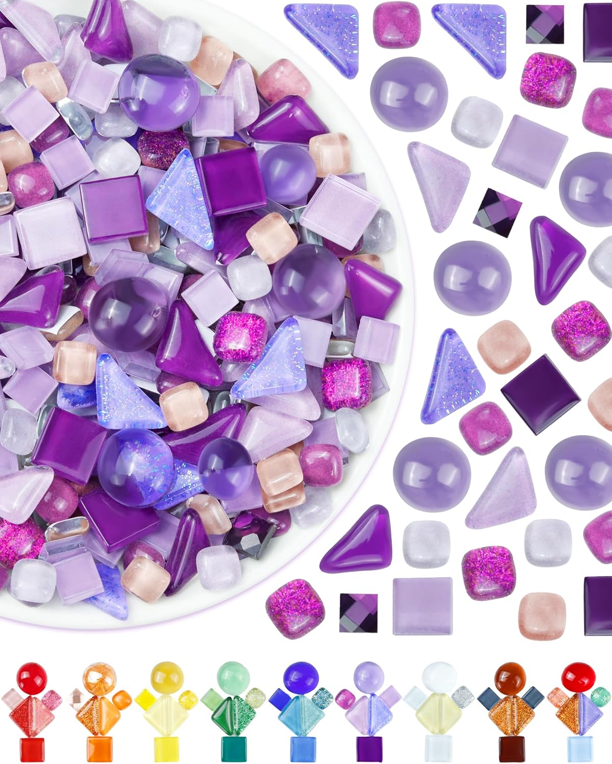 FIVEIZERO 420g Mosaic Tiles for Crafts - 280Pcs Glass Mosaic Kits, Mixed Shapes Mosaic Glass Pieces for Art, Irregular Tiny Mosaic Tile for DIY Projects, Home Decoration(Purple)