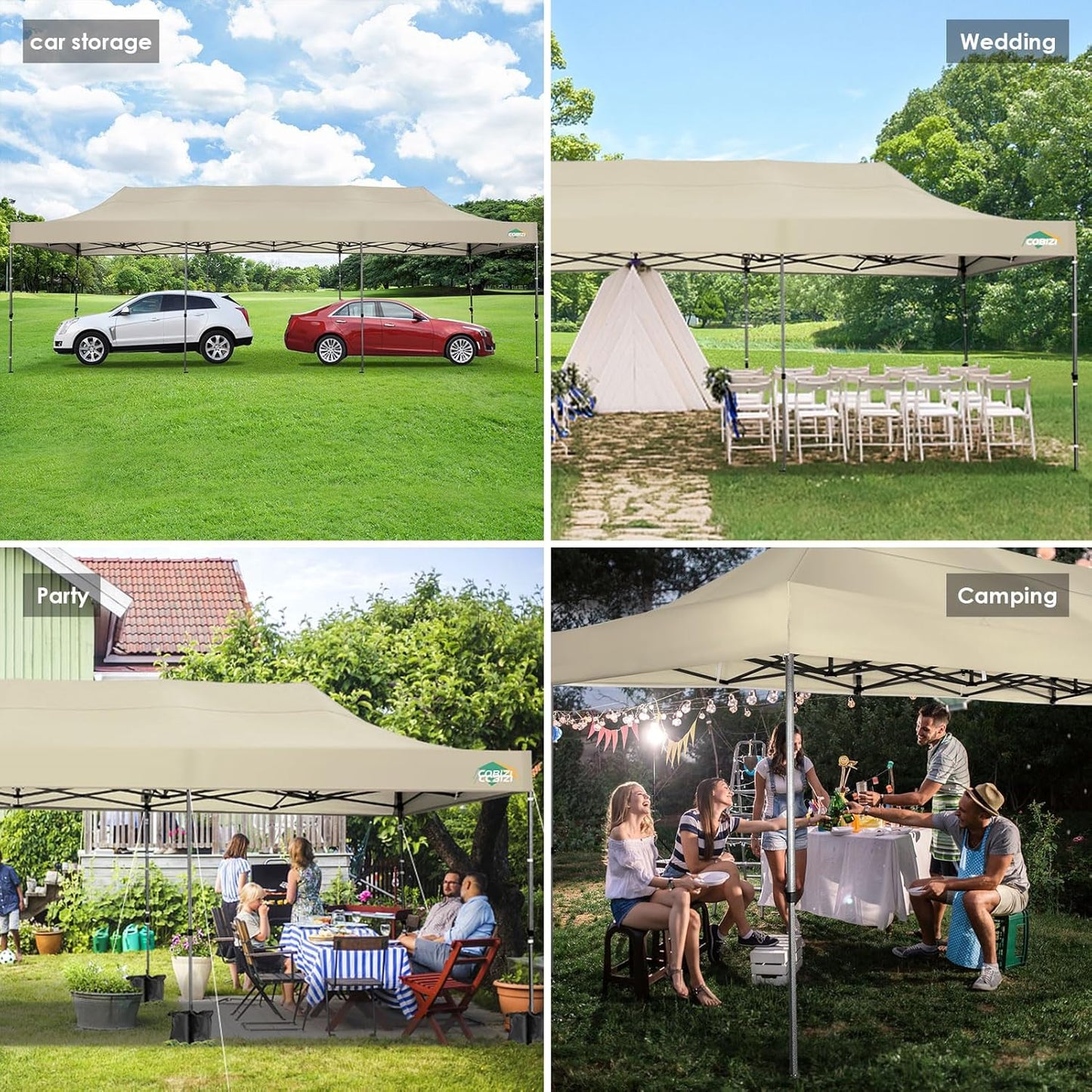 COBIZI 10x30 Pop up Canopy, Heavy Duty Outdoor Party Tents for Parties, Ez up UPF 50+ Waterproof Commercial Canopy with Wheeled Bag can fold, Khaki(Windproof Upgraded)