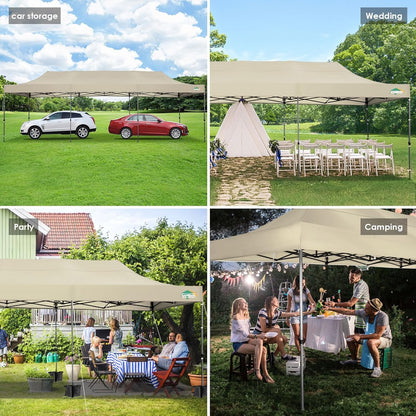 COBIZI 10x30 Pop up Canopy, Heavy Duty Outdoor Party Tents for Parties, Ez up UPF 50+ Waterproof Commercial Canopy with Wheeled Bag can fold, Khaki(Windproof Upgraded)
