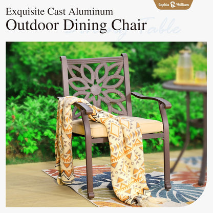 Sophia & William 7 Pieces Cast Aluminium Patio Dining Furniture Set for 6, Powder-Coating Outdoor Dining Chairs and Round Table with 2.2" Umbrella Hole for Porch Backyard Deck, Bronze