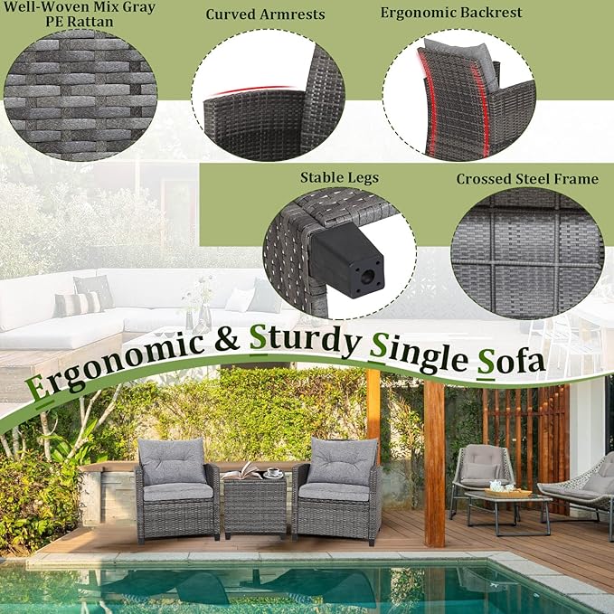 RELAX4LIFE Wicker Patio Furniture Sets - 3 Pieces Rattan Sofa Set, Outdoor Conversation Set with Tempered Glass Tabletop, Heavy-Duty Steel Frame, Wicker Chair Set for Poolside, Backyard, Grey