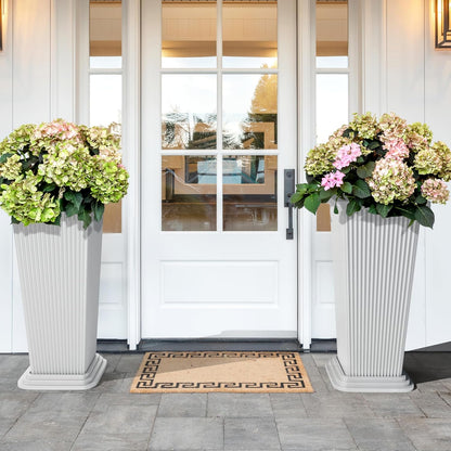 Set of 2 Large Tall Planter for Indoor or Outdoor 24" Flower Pots Tapered Tall Planters with Tray for Porch, Patio, Backyard, Large Planters for Outdoor Indoor Plants(White,Striped)