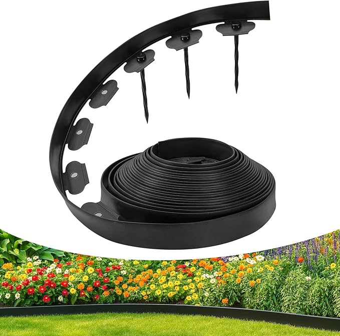 Bonviee 1.5 Inch x 33FT Landscape Edging Border with 50 Anchoring Spikes, No Dig Garden Border Edging Kit, Flexible Garden Edging for Landscaping, Flower Beds, Lawn, Yard, and Paver Pathways