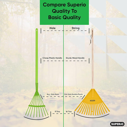Superio Kids Garden Rakes, 2 Pack, Rakes with Wooden Handle, Plastic Head, 34" (Yellow)