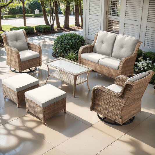Outdoor Wicker Patio Furniture Set - 6 Piece Rattan Patio Conversation Set with 2 Rocking Swivel Chairs,2 Ottomans,1 Loveseat and 1 Coffee Table for Porch Deck Backyard Garden(Yellow/Beige)