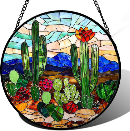 Stained Glass Window Hanging, Green Cactus Suncatcher for Doors Window Home Plant Landscape Sun Catchers Decoration Mother's Day Birthday Gifts for Women, Men, and Mom 6.3 in