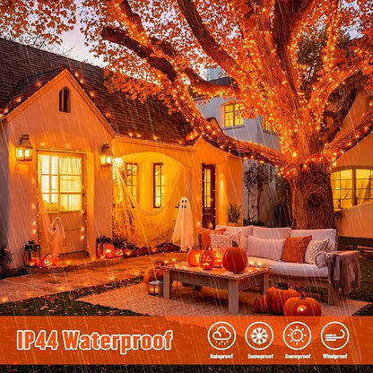 JMEXSUSS 2 Pack Orange Halloween Lights: 100 LED 33ft Solar Halloween Lights Outdoor Waterproof - 8 Modes Orange Solar Light for Christmas Outside Tree Gardens Fall Festival