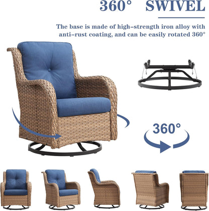 Outdoor Swivel Rocker Patio Chairs - 360 Degree Swivel Glider Seating 350LBS Weight Capacity Wicker Rocking Chairs Set of 2 with Removable Cushion for Porch Balcony Deck, Yellow/Blue