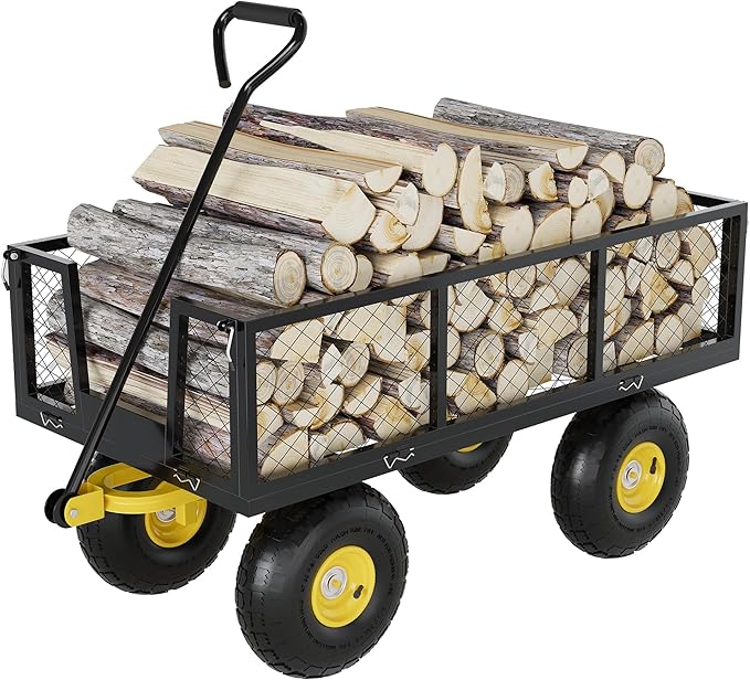 500 Lbs Garden Wagon, 2-in-1 Heavy-Duty Steel Garden Cart, with 10 Inch All-Terrain Tires and Removable Mesh Side Panels, 180° Rotating Handle, Metal Multi-Function Carts, Outdoor Gardens Wagon Cart