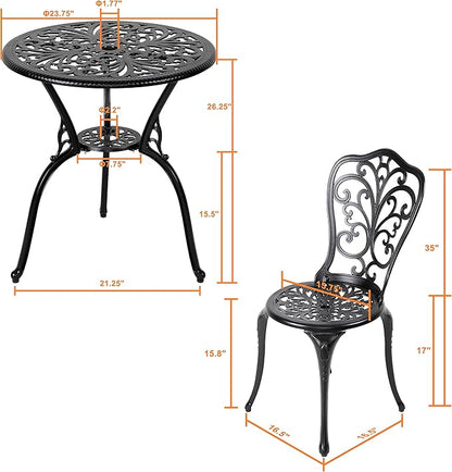 NUU GARDEN 3 Piece Bistro Set Outdoor, All Weather Cast Aluminum Patio Bistro Sets Patio Table and Chairs Set of 2 with Umbrella Hole for Yard, Balcony, Black, Butterfly Backrest
