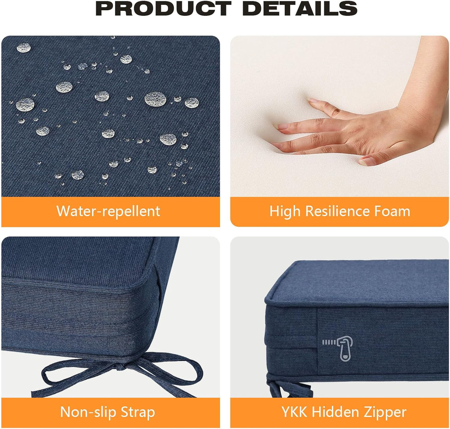 Sunbrella Square Corner Seat Cushions, 18.5" x 16" x 3", Set of 4, Indoor Outdoor Water Repellent Universal Chair Pads with Ties for Patio Furniture, Garden Dining Chairs, Specrtum Indigo