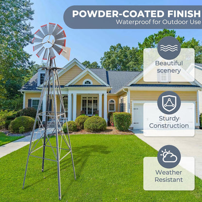 Outvita 8FT Ornamental Windmill, Heavy Duty Durable Metal Weather Vane Garden Decoration Weather Resistant for Garden, Yard, Farm, Seaside (8ft-Gray)