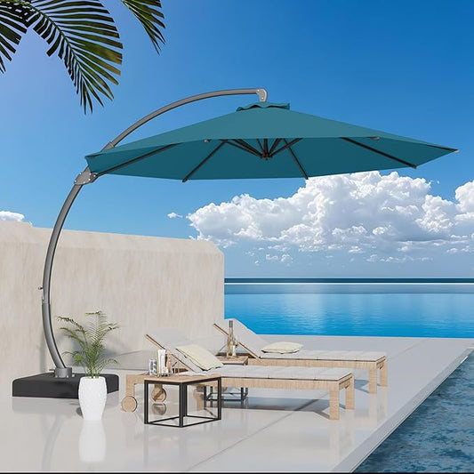 Kingdura 11ft Offset Cantilever Patio Umbrella with Base Included, Large Round Aluminum Outdoor Umbrella, 360° Rotation & Infinite Tilt, Heavy Duty Frame for Deck Pool Backyard, Lake Blue