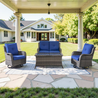 4 Piece Patio Furniture Set - Outdoor Glider Bench with Swivel Rocker Chairs and Coffee Table, High Back Small Outdoor Conversation Furniture Sets for Deck Sunroom Balcony Backyard