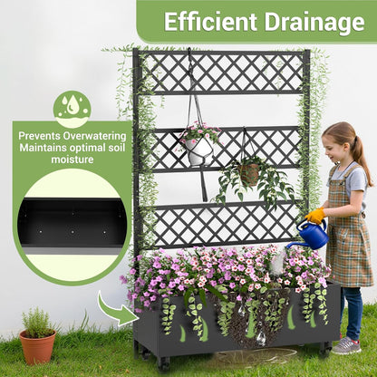 Metal Planter Box with Trellis Privacy Screen, 67"x35"x16" Raised Garden Bed with Trellis, Privacy Planter Boxes, with Planting Bag & Lockable Casters for Climbing Plants,Vegetables,and Vines