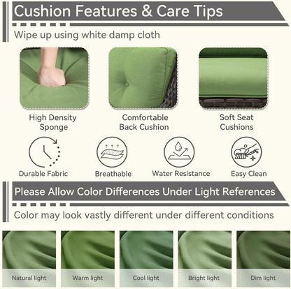 1 PC Outdoor Rocking Chair, Wicker Patio Rocker Chair for Yard, Porch, Mixed Brown Grey Rattan, Green Cushions